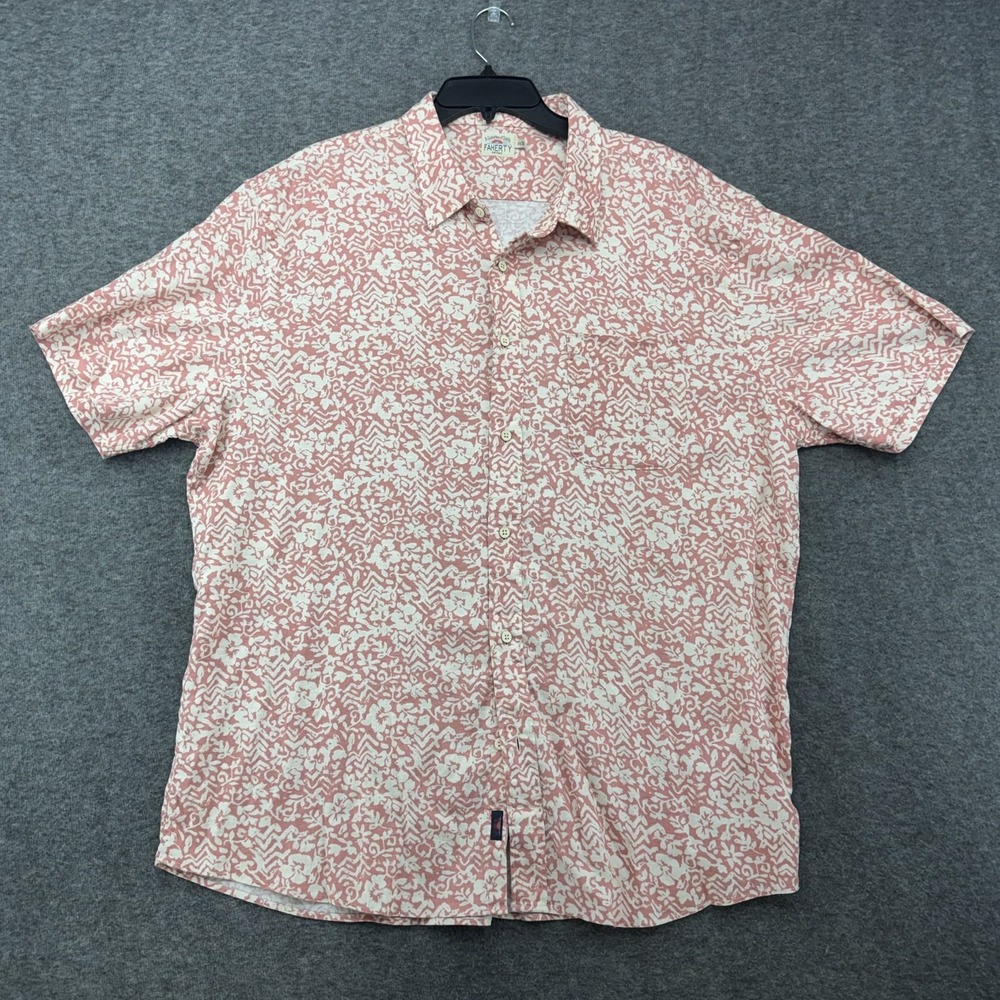 Faherty Mens XXL Pink White Floral Short Sleeve Button Up Hemp Tencel Camp Shirt